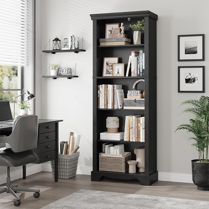 5-Tier Bookshelves and Bookcases, 61.1 inch Tall Bookshelf with Ample Storage Space, Wooden Bookcase, Modern Bookshelf for Study Room, Living Room, Home Office, Bedroom (Black)