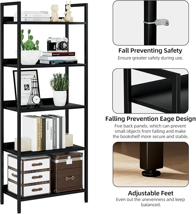 NUMENN Bookshelf, 5 Tier Bookshelves, Home Office Bookcase Shelf Storage Organizer, Free Standing Storage Shelving Unit for Bedroom, Living Room and Home Office, Black