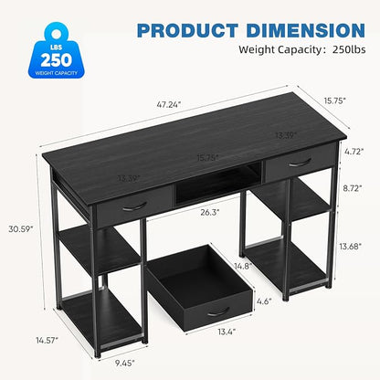 OLIXIS Computer Desk with 3 Drawers Study Writing Table with Storage Bag Headphone Hook Adjustable Feet for Home Office Small Spaces