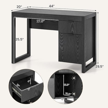 Tangkula Computer Desk with Storage Cabinet & Drawer, White Wooden Home Office Desk, PC Laptop Workstation Study Writing Desk with Smooth Surface, Ideal for Home Office (Black)