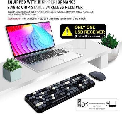 Wireless Keyboard and Mouse Combo, Retro Typewriter Style Round Key Keyboard, 2.4GHz Wireless Full Size Keyboard with Number Pad for Long Nails PC Laptop Desktop- Black Grey