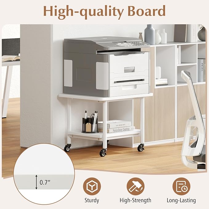 GOFLAME Under Desk Printer Stand, 2-Tier Mobile Printer Table with Storage Shelf, Metal Frame, Rolling Printer Cart Holder Storage Rack with Lockable Wheels for Home Office, White