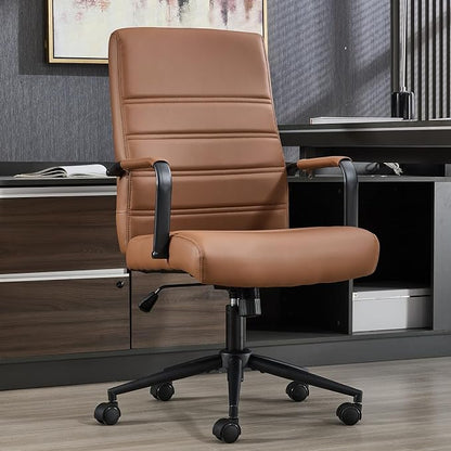 Office Desk Chair Leather, Conference Room Chairs with Wheels, Modern Executive Office Chairs Adjustable Height, Ergonomic Swivel Rolling Ribbed Computer Chair (Brown&Black)