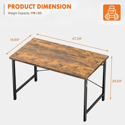 Sweetcrispy Small Computer Office Desk, 47" Student Study Writing Desk with Headphone Hooks & Storage Bag, Modern Simple PC Workstation for Home Bedroom, Brown