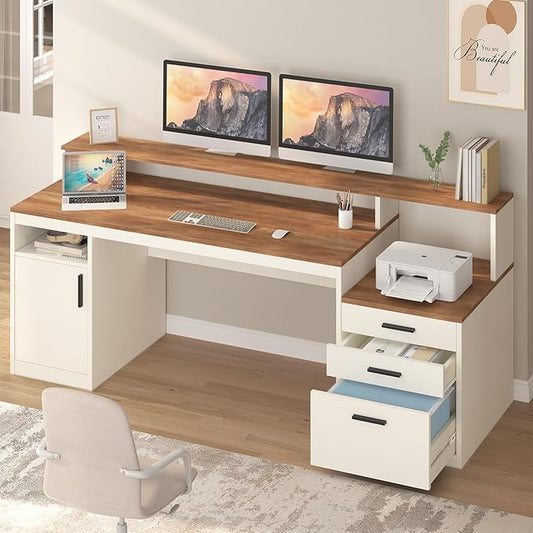YOMILUVE 65 Inch Computer Desk with 3 Drawers & Storage Shelves, Executive Desk with File Drawer & Cabinet, Home Office Desk with Long Monitor Stand & Printer Shelf, Antique White