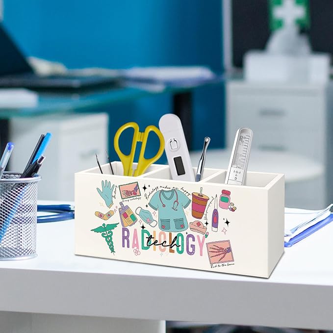 Radiology Tech Gifts Pen Holder for Desk, Medical Student Gifts Wooden Box Sign Desk Decor for Office Home Decoration, Radiology Tech Student Essentials Pencil Organizer