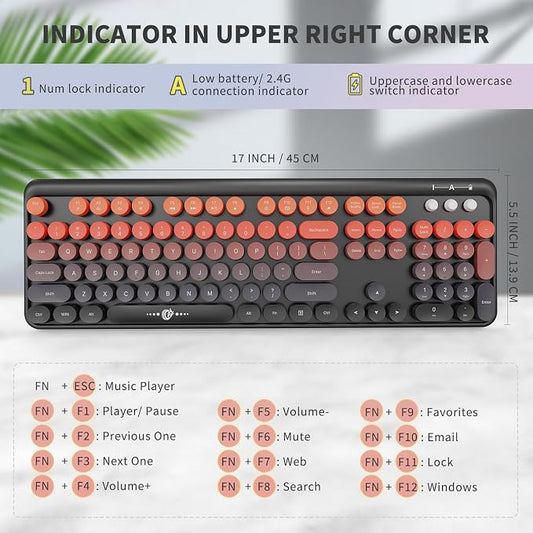 Wireless Keyboard and Mouse Combo - Cute Colorful Keyboard and Mouse, Retro Typewriter Keyboard with 2.4GHz Plug & Play, for Windows 11/10/7, Laptop, PC (Orange)