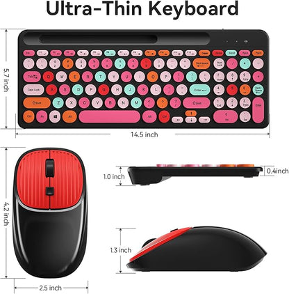 Retro Typewriter Wireless Keyboard with Round Keycaps, 2.4GHz Compact USB Cute Wireless Keyboard and Mouse Combo for Desktop, Laptop and Computer