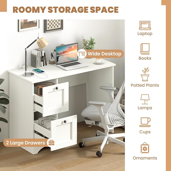 Giantex Computer Desk with 2 Drawers, 43” Wooden Home Office Desk with Charging Station, Compact Study Writing Desk, Modern Laptop PC Desk Computer Workstation for Bedroom, Living Room (White)