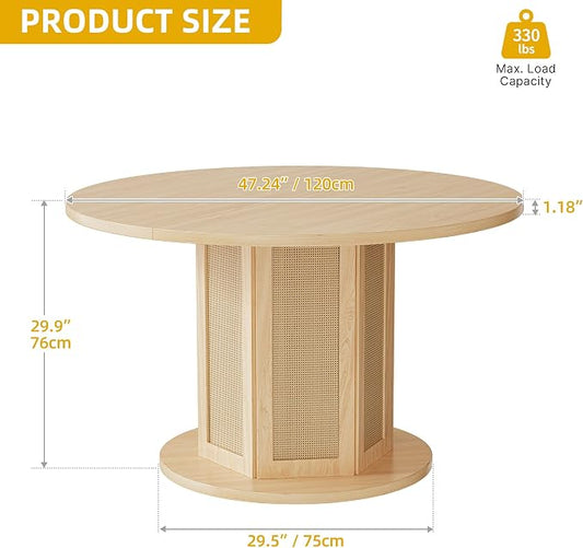 DWVO Round Dining Table for 4-6 People 47 Inch Farmhouse Kitchen Table with Rattan Circular Base Wooden Dinner Table for Dining Room Family Gathering, Natural Oak