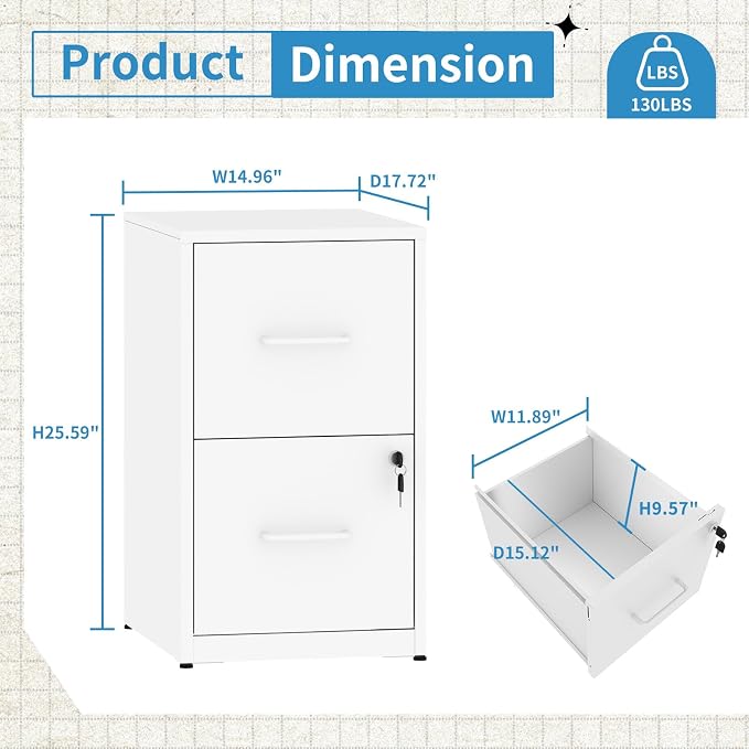 2 Drawer File Cabinet with Lock, Metal Vertical File Cabinets for Home Office, Office Furniture for Organization Hanging Legal/Letter/A4, Office File Cabinet Storage Cabinet, Require Assembly, White