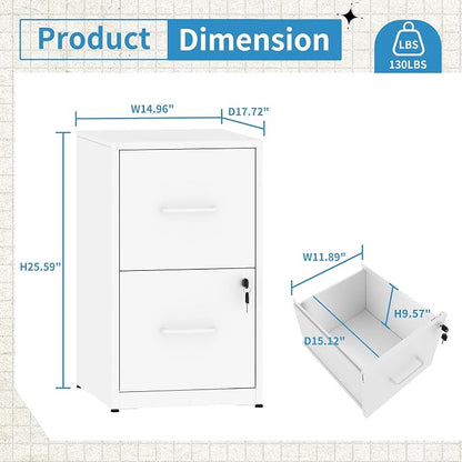 2 Drawer File Cabinet with Lock, Metal Vertical File Cabinets for Home Office, Office Furniture for Organization Hanging Legal/Letter/A4, Office File Cabinet Storage Cabinet, Require Assembly, White