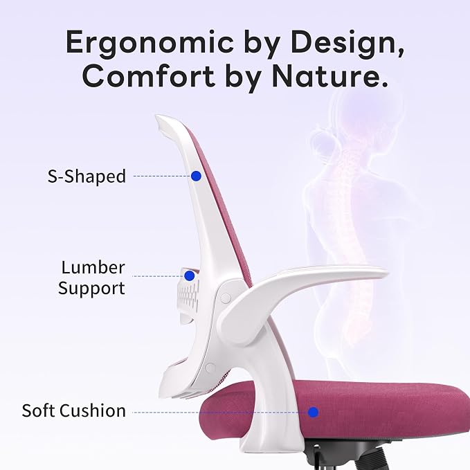 amseatec Office Chair，Ergonomic Mesh Desk Chair,Flip-Up Arms,Adjustable Height,Breathable Mesh Back & Thick Cushion Seat,360°Swivel Rolling Computer Chair,BIFMA Certified,Supports 300 lbs(Pink)