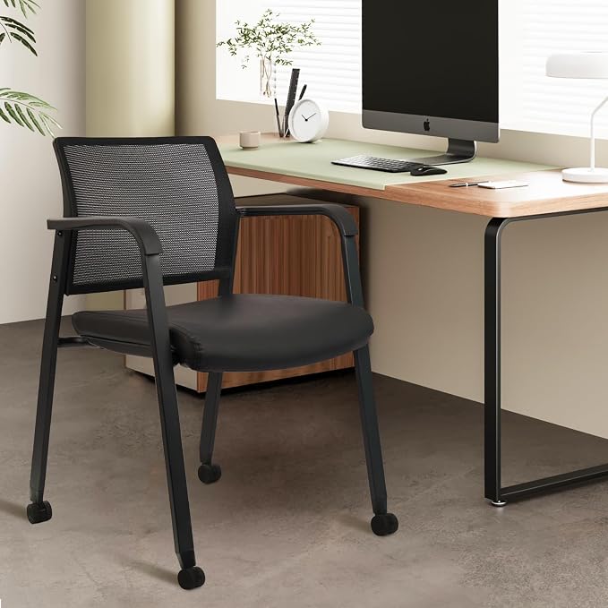 CLATINA Mesh Back Guest Reception Stacking Chair with Wheels, Waiting Room Stackable Chairs with Upholstered Leather Seat & Ergonomic Lumbar Support for Office Conference School Lobby, Black, 4 Pack