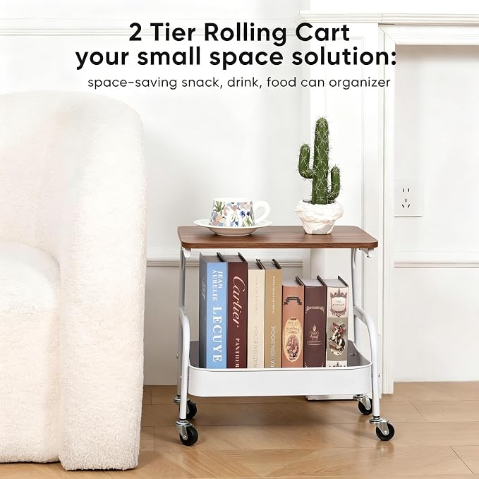 Under Desk Printer Stand with Storage 2 Tier Rolling Printer Cart with Wheels, Mobile Short Under Shelf Storage Small RollingTable Cart for Home and Office, White