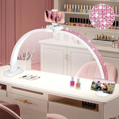 HITTI Super Large 31in Half Moon Light for Nail Desk, Foldable Arch Light for Nail Tech Lamp with Phone Stand, LED Table Lamp for Manicure, Handicraft, Art, Eyelash Extension (Crystal Diamond) -White