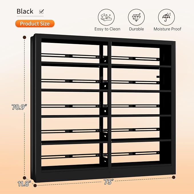 5-Tier Bookcase with Adjustable Storage Shelves, Metal Bookshelf with Book Stopper, Bookcase Shelf for Library, Office, Living Room (Black-2)