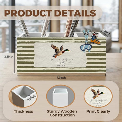Mallard Duck Christian Pencil Pen Holder for Desk Organizer, Vintage Green Nursery Duck Cottagecore Wooden Box Decorations for Home Office Classroom Desk Tabletop Nursery Toddler Decor