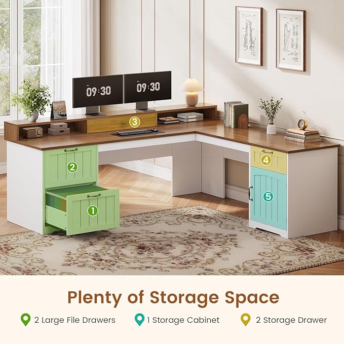 SEDETA Farmhouse L Shaped Desk with Drawers, 63" Office Desk with File Drawers, Wood Corner Computer Desk with Storage, Home Office Desk with Monitor Stand and Storage Cabinet, Walnut and White