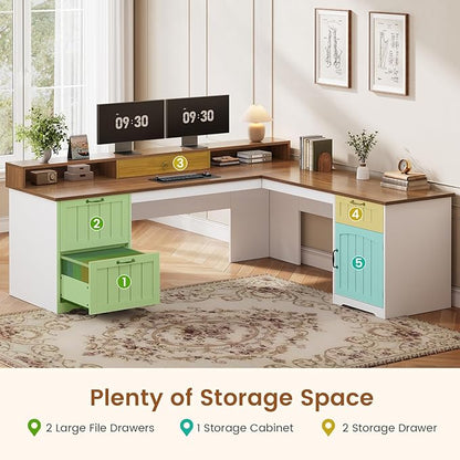 SEDETA Farmhouse L Shaped Desk with Drawers, 63" Office Desk with File Drawers, Wood Corner Computer Desk with Storage, Home Office Desk with Monitor Stand and Storage Cabinet, Walnut and White
