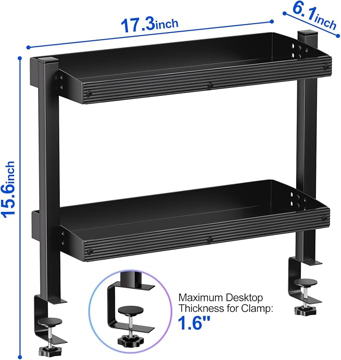 17 inch Adjustable 2-Tier Clamp On Desk Shelf with Hooks | Heavy Duty, Holds 44 lbs, No Drill, for Home Office, Gaming & Desk Organizer