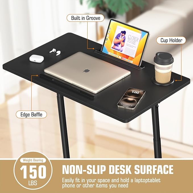 Eocnrhe Treadmill Desk, Mobile Small Standing Desk with Wheels for Walking Pad, Portable Table for Laptop, Rolling Table Adjustable Height, Bedside Table，Black