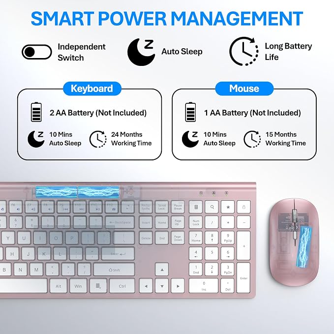 Wireless Keyboard and Mouse Combo, Full Size Keyboard and Mouse, Long Battery Life, Optical Mouse, 2.4G Lag-Free Cordless Mice Keyboard Set Ultra Slim Design for Computer, Laptop, PC, Mac (Pink)