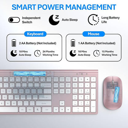 Wireless Keyboard and Mouse Combo, Full Size Keyboard and Mouse, Long Battery Life, Optical Mouse, 2.4G Lag-Free Cordless Mice Keyboard Set Ultra Slim Design for Computer, Laptop, PC, Mac (Pink)