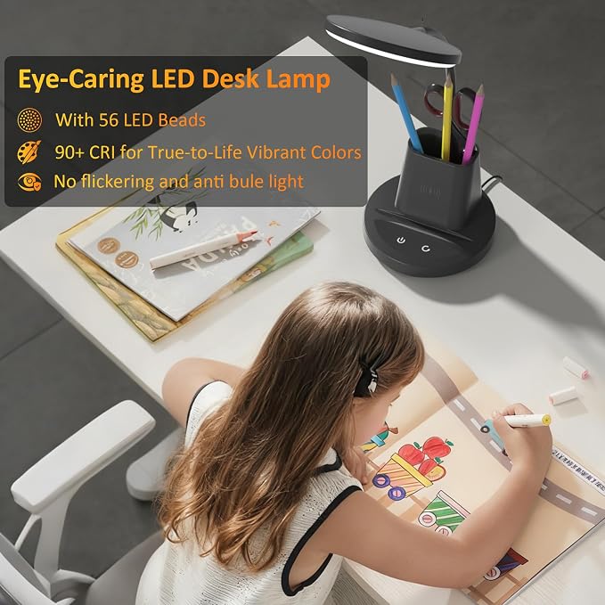 Desk Lamp with Wireless Charger, LED Desk Lamps for Home Office with Pen Holder, Dimmable Eye-Caring Study Desk Light Flexible Arm 3 Color Modes for College Dorm, 800 Lumens CRI 90