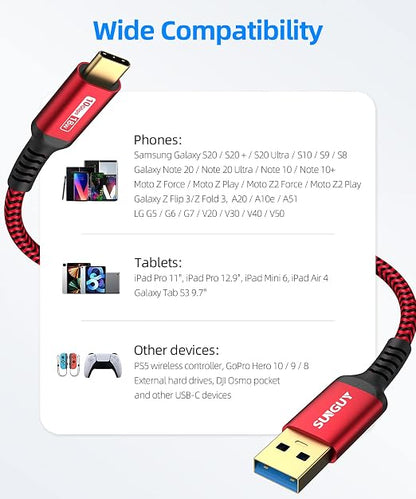 SUNGUY 10Gbps Android Auto USB C Cable, [2-Pack,1.5FT] 3A Fast Charging & Data Transfer USB C CarPlay Cable, Compatible with iPhone 17/16/15 Pro Max, Galaxy S22 S21 Note 20, Pixel 7 (Red)