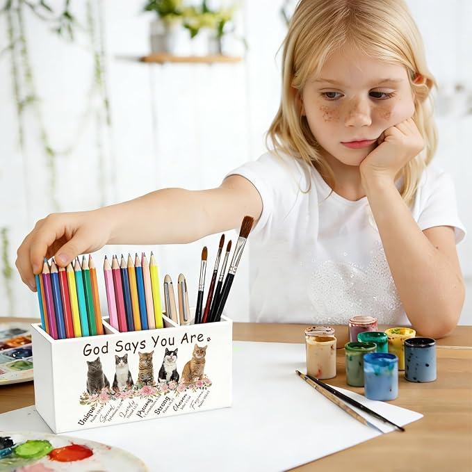 Christian Inspirational Cat Pen Pencil Holder for Desk, Christian Gifts for Women, Cat Lovers Gifts, God Says You Are Bible Verse Wooden Box Sign Decorations for Home Office Desk Tabletop
