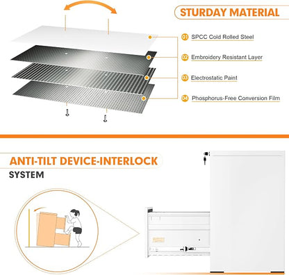 INTERGREAT 2 Drawers File Cabinet with Lock, 18" D Metal White Vertical Filing Cabinet for Hanging Folders, Easy Assemble