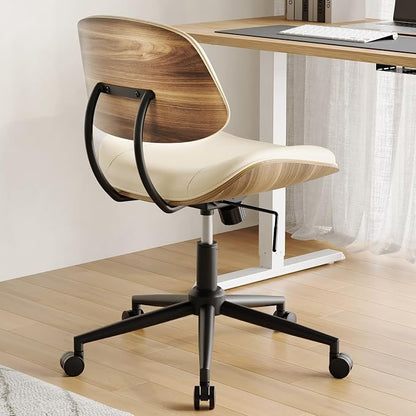 Armless Office Chair with Wheels, PU Leather Adjustable Height Desk Chair - 360° Swivel Ergonomic Computer Chair for Small Space, Modern Walnut Style, Home & Meeting Room, Beige