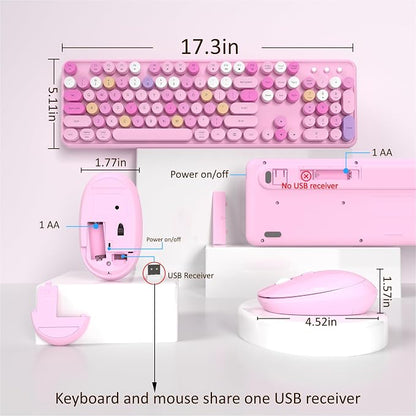 Links9+ Wireless Keyboard and Mouse, Full-Size Retro Typewriter Keyboard with Round Keycaps, 2.4GHz for Windows, Mac, Laptop, PC, Desktop (Pink Colorful)