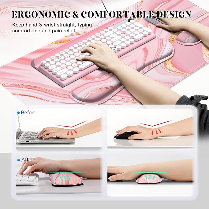 Gimars 4 in 1 Mouse Pad and Keyboard Wrist Rest Set, Large Mouse Pad with Memory Foam Wrist Support Pad for Desk with Coaster, Easy Typing Pain Relief, Gaming Office Home, 31.5x12 inch, Pink Golden