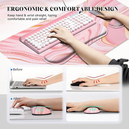 Gimars 4 in 1 Mouse Pad and Keyboard Wrist Rest Set, Large Mouse Pad with Memory Foam Wrist Support Pad for Desk with Coaster, Easy Typing Pain Relief, Gaming Office Home, 31.5x12 inch, Pink Golden
