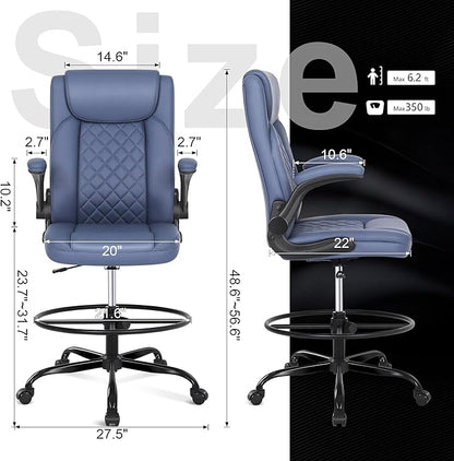 Misolant Drafting Chair with Footrest Ring, Tall Office Chair for Standing Desk, Standing Chair with Adjustable Height and Flip-up Armrest, PU Leather High