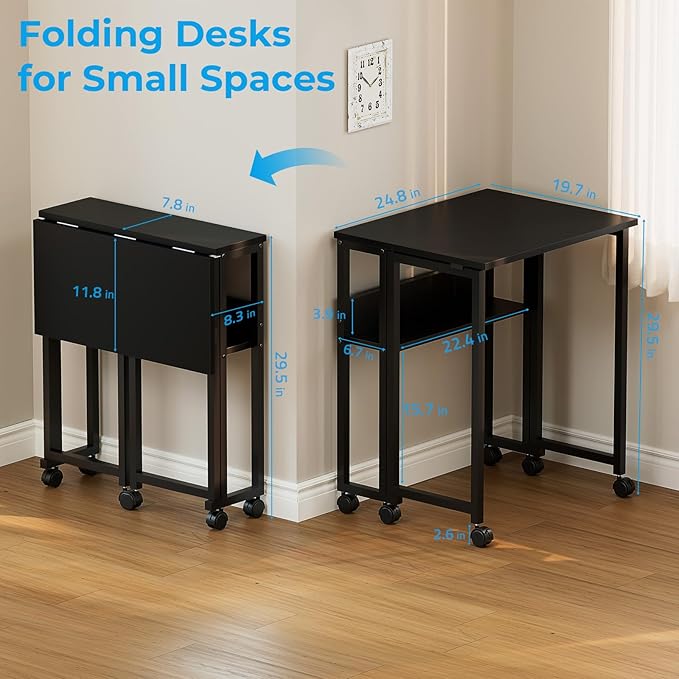 GreenForest Folding Desk with Wheels, 24.8 Inch Compact Rolling Computer Table with Storage Shelf, Portable Mobile Workstation for Small Spaces, Easy Assembly, Black