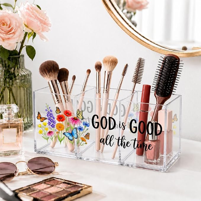 God Is Good All The Time 3 Compartment Acrylic Organizer Box with Wildflower & Butterfly, Desktop Storage for Pens, Makeup, Office Supplies, Cute Floral Desk Organizer for Home & Office Vanity