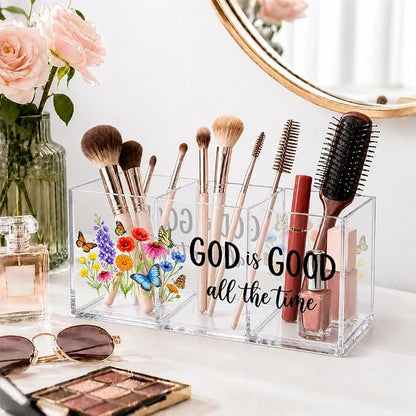 God Is Good All The Time 3 Compartment Acrylic Organizer Box with Wildflower & Butterfly, Desktop Storage for Pens, Makeup, Office Supplies, Cute Floral Desk Organizer for Home & Office Vanity