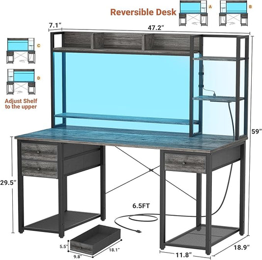 Aheaplus Desk with LED and Outlets, Gaming Desk with Hutch, 47.2'' Computer Desk with Drawers, Reversible office desk with storage bookshelf Large Workstation Desk with Shelf, Desk for Home, Black Oak