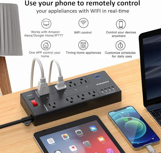 POWSAV 6 Ft WiFi Surge Protector - 8 Outlet Extension Cord with 4 Smart & 4 Always On Outlets, 4 USB Ports, Alexa & Google Home Compatible, Black