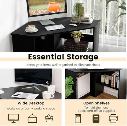 Corner Computer Desk with Shelves, 90° Triangle Wooden Study Writing Table Cable Management Holes, Space Saving Compact Study Workstation for Bedroom Living Room Office (Black)
