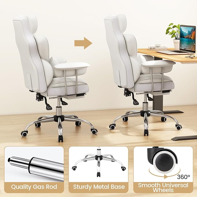 COSTWAY 400 LBS Big and Tall Office Chair, PU Leather Executive Desk Chair w/Retractable Footrest, Reclining Function, Lumbar Support, Ergonomic High Back Home Computer Task Chair, White