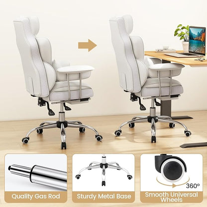 COSTWAY 400 LBS Big and Tall Office Chair, PU Leather Executive Desk Chair w/Retractable Footrest, Reclining Function, Lumbar Support, Ergonomic High Back Home Computer Task Chair, White