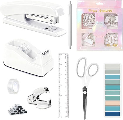 Dimonluce Office Desk Accessories, White Office Supplies Accessories with Tape Dispenser, Stapler, Staple Remover, 1000 Staples, Tape, Clips Set, Ruler, Scissor, Pen