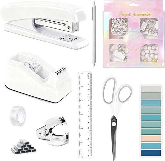 Dimonluce Office Desk Accessories, White Office Supplies Accessories with Tape Dispenser, Stapler, Staple Remover, 1000 Staples, Tape, Clips Set, Ruler, Scissor, Pen