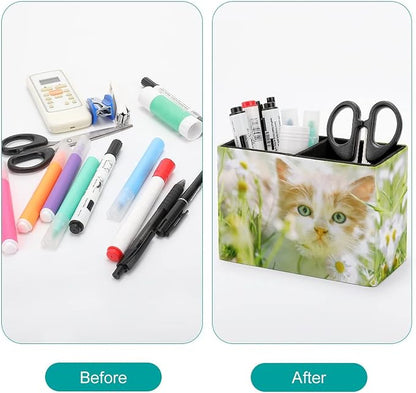 Niapessel Pencil Holder for Desk, Cute Little Cat Pen Holder Storage Desktop Pen Organizer Desk Pencil Organizer Makeup Brush Holder for Office School College Leather