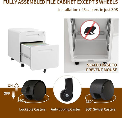 2 Drawer File Cabinet with Lock and 4 Keys, Mobile Metal Filing Cabinet, File Cabinets for Home Office, Under Desk, Pre-Assembly, File Drawer, Letter/Legal/A4 Hanging File Folders