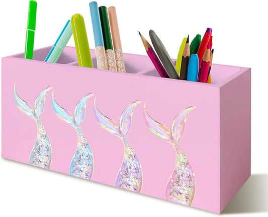 Mermaid Gifts for Girls Women, Pastel Mermaid Beach Pen Pencil Holder Organizer for Desk, Coastal Ocean Wooden Box Block Sign for Home Classroom Dorm Office Tabletop Decor（Pink）
